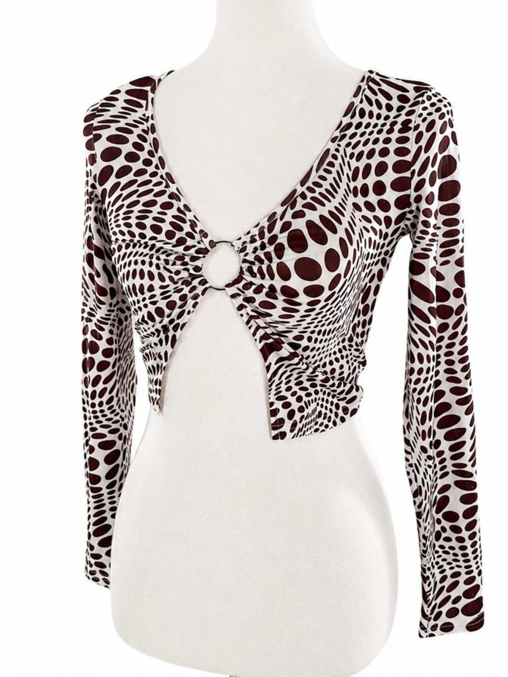 Women’s Brown Abstract Dot Print O-Ring Cutout Cropped Long Sleeve Top XS